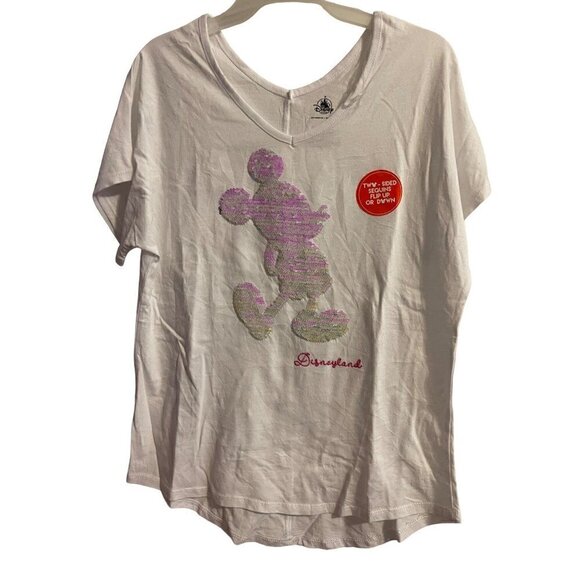 Disney Parks Magic Mirror Sequin Mickey Mouse Reversible V-Neck High Low Shirt S - Picture 1 of 10